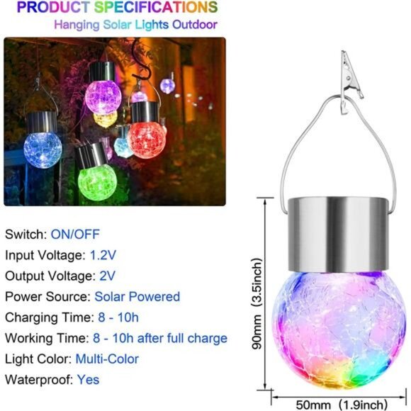 12-Pack Hanging Solar Lights, Decorative Cracked Glass Ball Light, Multicolor - Picture 2 of 6